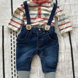 Cat & Jack Striped Long Sleeve Shirt with Blue Suspender Pants